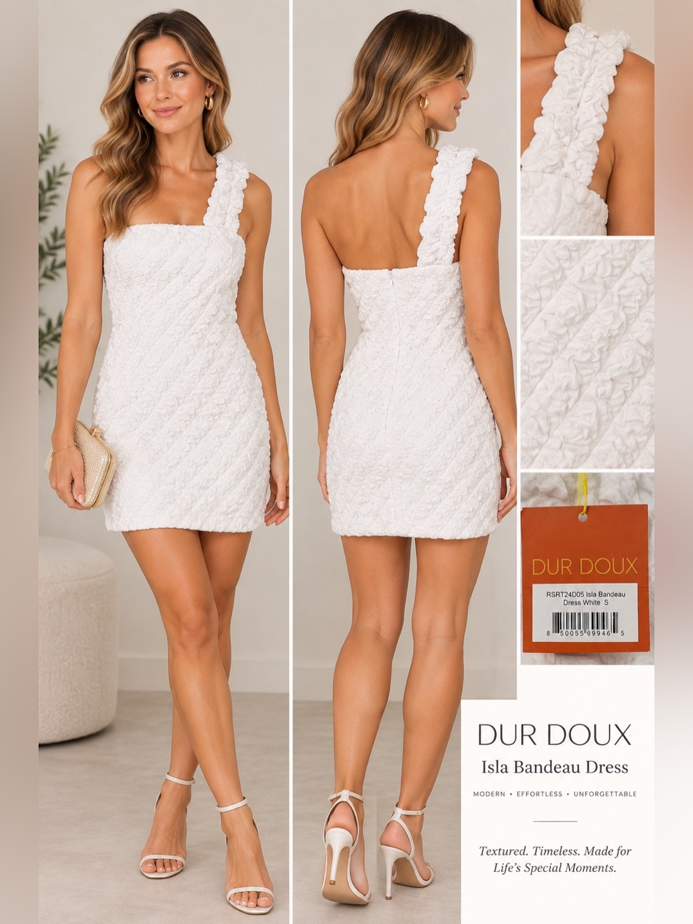 Dur Doux Isla Bandeau White Textured One Shoulder Mini Dress Size S NWT